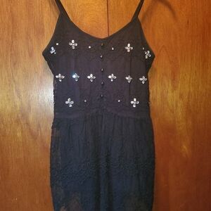 Embellished Gray and Black Mini Slip Dress